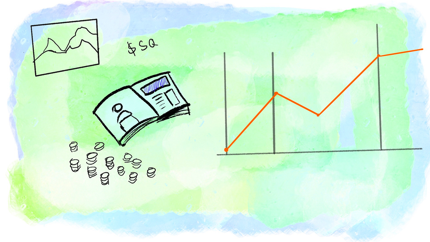 Sketch of stock chart, poker chips, magazine, and gallery