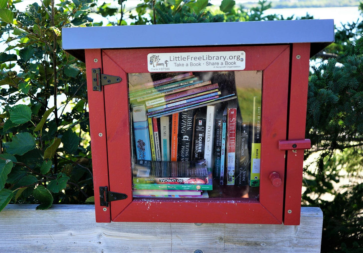 small outdoor little lending library box that says "Take a book. Share a book."