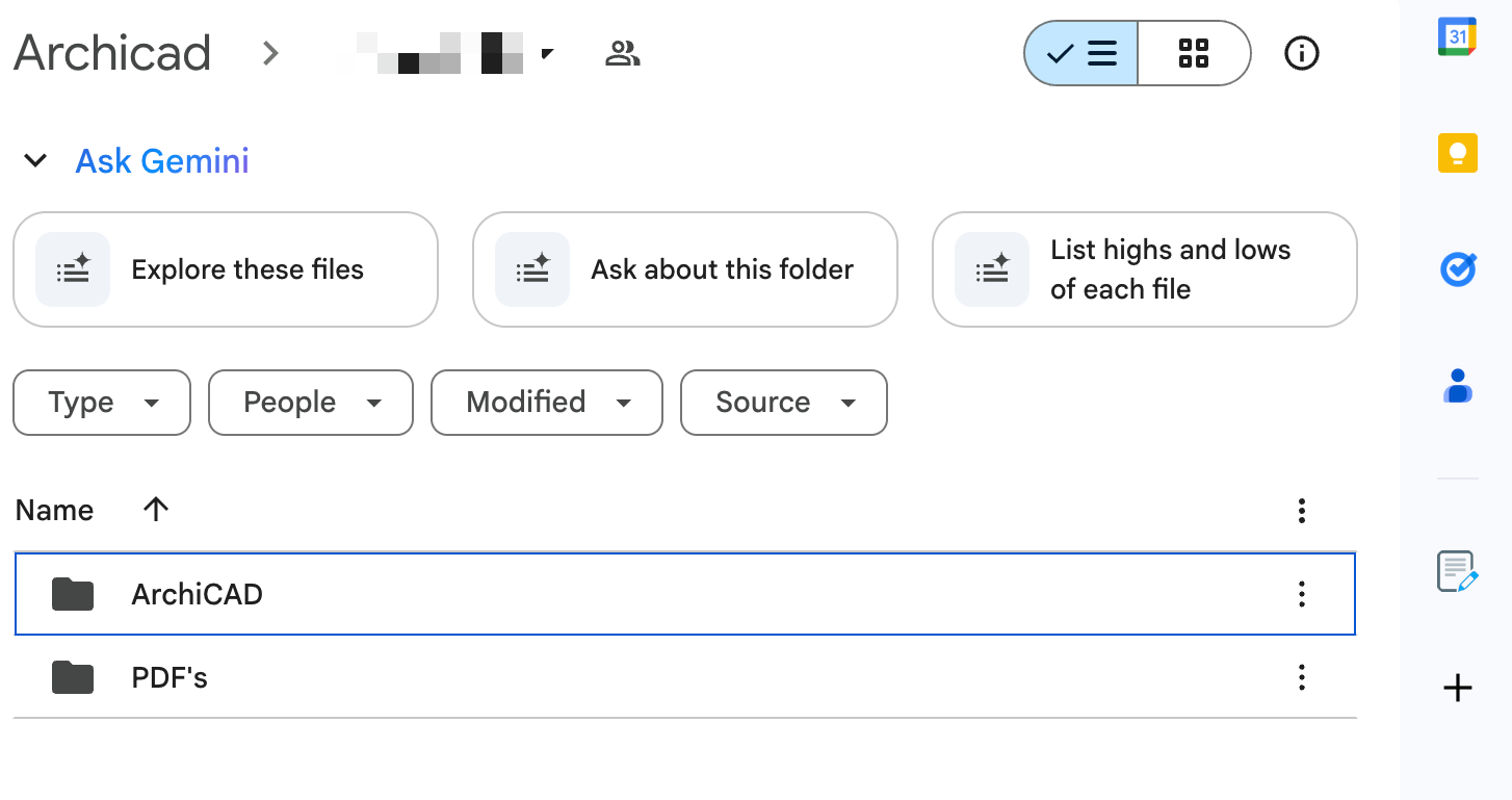 Google Drive folder structure showing inconsistent naming with 'PDF's' folder using incorrect possessive apostrophe in an ArchiCAD project directory
