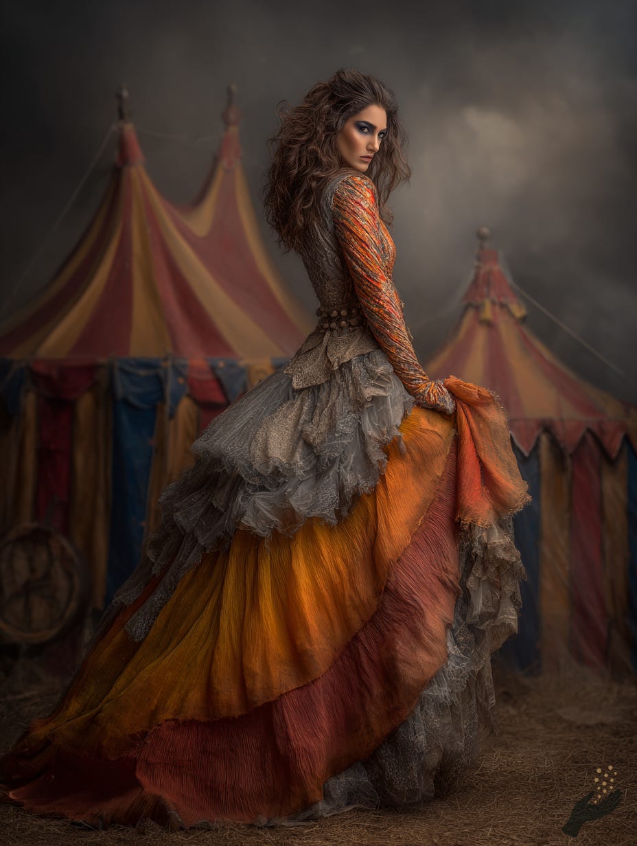Fantasy fashion image of a figure in a layered orange, rust, and gray gown standing before striped circus tents in a smoky carnival setting.