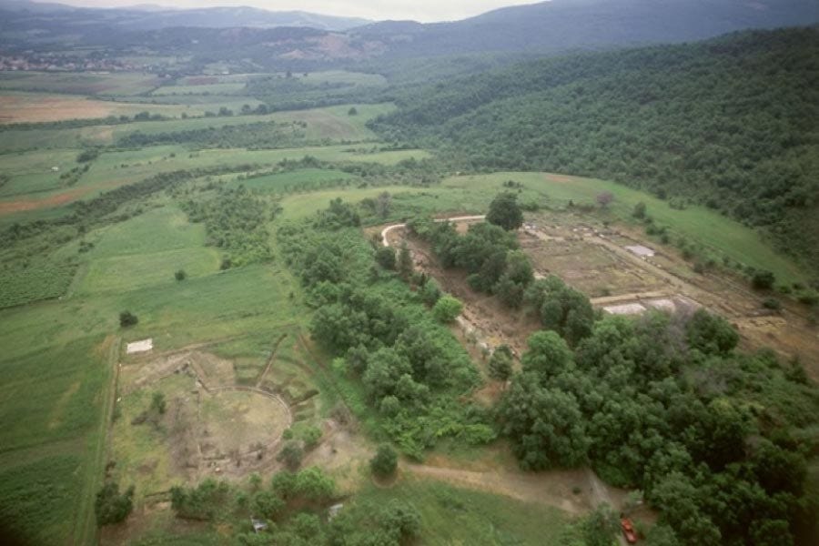 Arial view of the ruins of ancient Aegae showing the palace and theatre. (Image: © David Grant 2019) Arial view of the ruins of ancient Aegae showing the palace and theatre. (Image: © David Grant 2019)