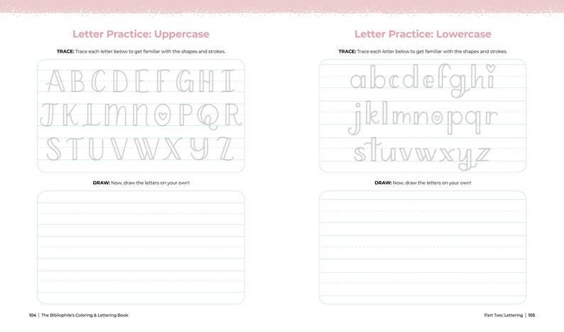 May include: A spread from a lettering practice book. The left page shows uppercase letters, and the right page shows lowercase letters. Each page has a section to trace letters and a section to draw letters. The book's title and page number are at the bottom.