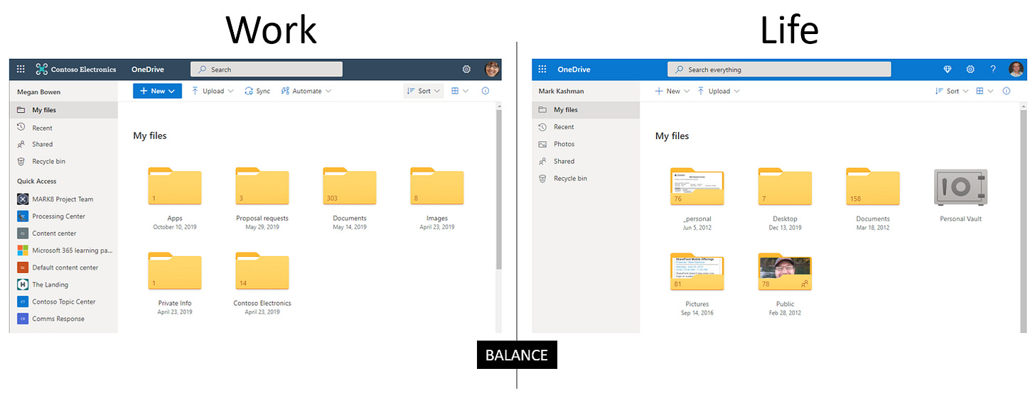 On the left, Megan Bowen's OneDrive Web experience at Contoso Inc.. And on the right, my experience on OneDrive.live.com - my personal account. On the left, Megan Bowen's OneDrive Web experience at Contoso Inc.. And on the right, my experience on OneDrive.live.com - my personal account.