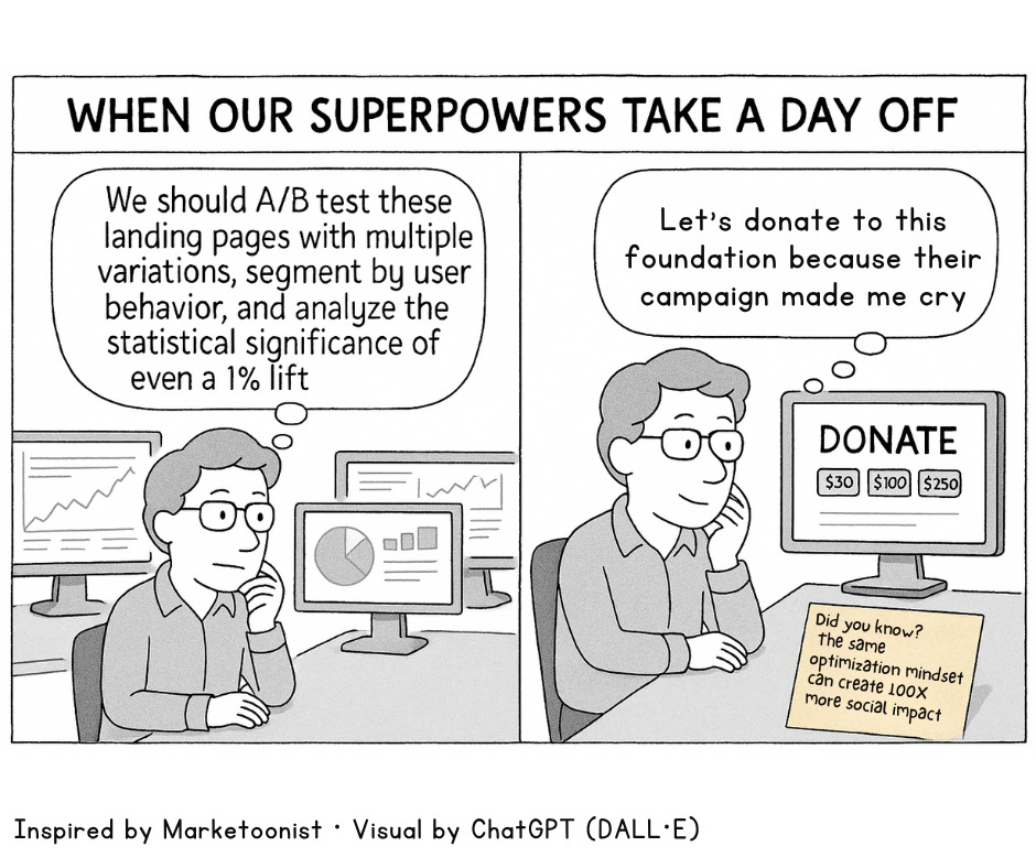 Comic of a marketer testing ads with data at work but donating emotionally at home, highlighting the optimization paradox.