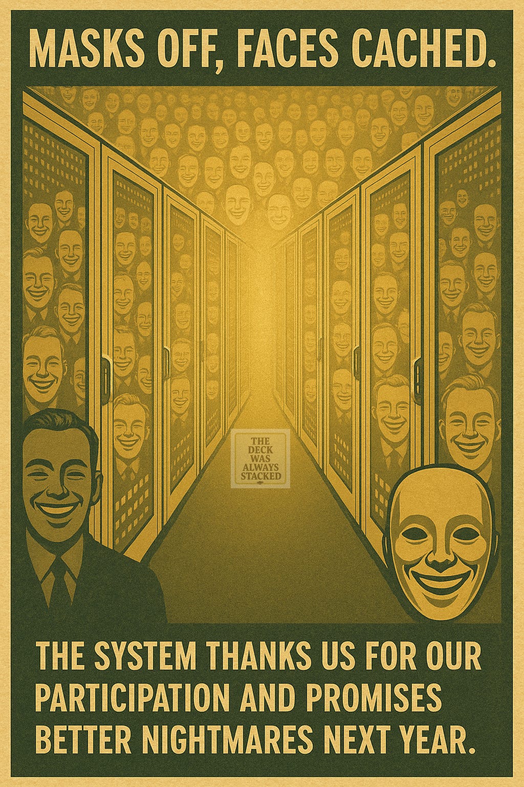 mirrored server room reflecting millions of smiling users fading into gold haze.