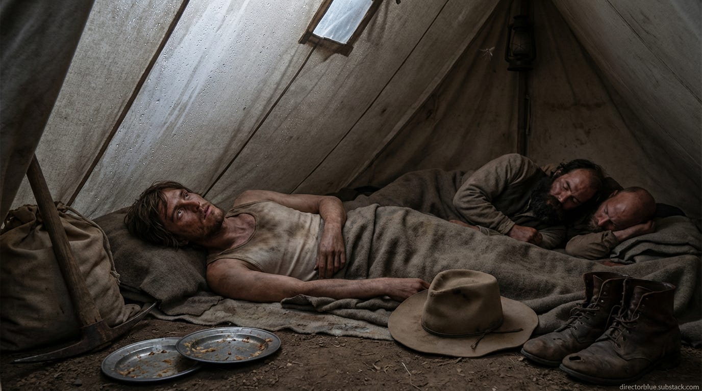 Interior of a cramped low canvas tent at pre-dawn 1849 California Gold Rush Photographic quality 16x9 format An 18-year-old young man with lean wiry build shaggy unwashed brown hair to his collar patchy two-week stubble sun-darkened face wit_image_1 Interior of a cramped low canvas tent at pre-dawn 1849 California Gold Rush Photographic quality 16x9 format An 18-year-old young man with lean wiry build shaggy unwashed brown hair to his collar patchy two-week stubble sun-darkened face wit_image_1