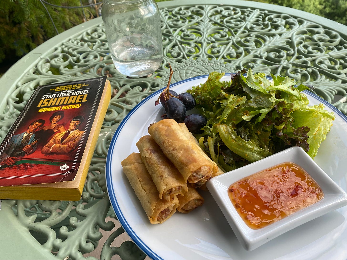 A plate with a pile of spring rolls, a ramekin of sweet chili sauce, and a green salad and purple grapes. Next to the plate is the Star Trek novel "Ishmael".