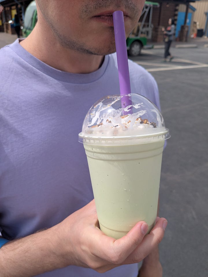 A beautiful pistachio milkshake. A bigass horizon of sand.
