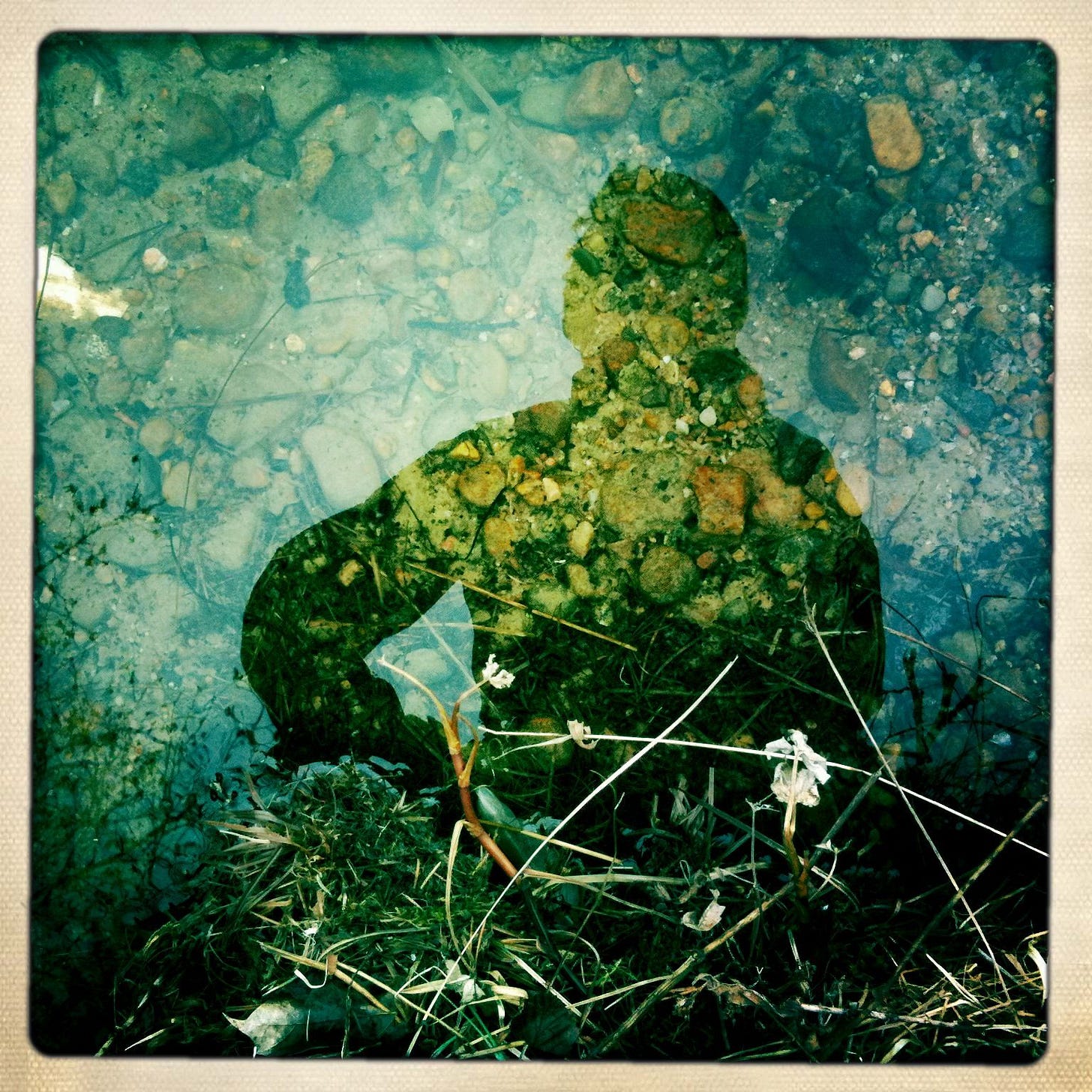 A square image showing a human figure with their back to the camera and left arm akimbo. The image has been altered and layered so it looks like you're seeing it through water droplets, scratches, long grasses, and other textures. A square image showing a human figure with their back to the camera and left arm akimbo. The image has been altered and layered so it looks like you're seeing it through water droplets, scratches, long grasses, and other textures.