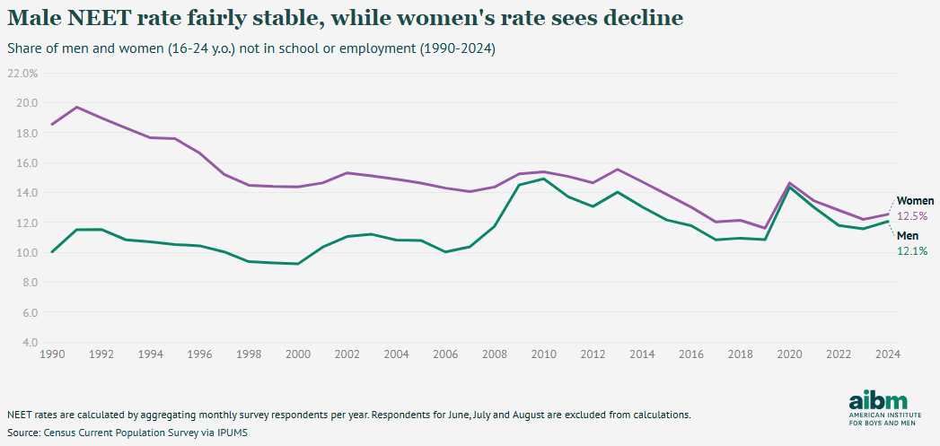American Institute for Boys and Men graph showing the young male NEET rate is stable while the young female NEET rate has declined.