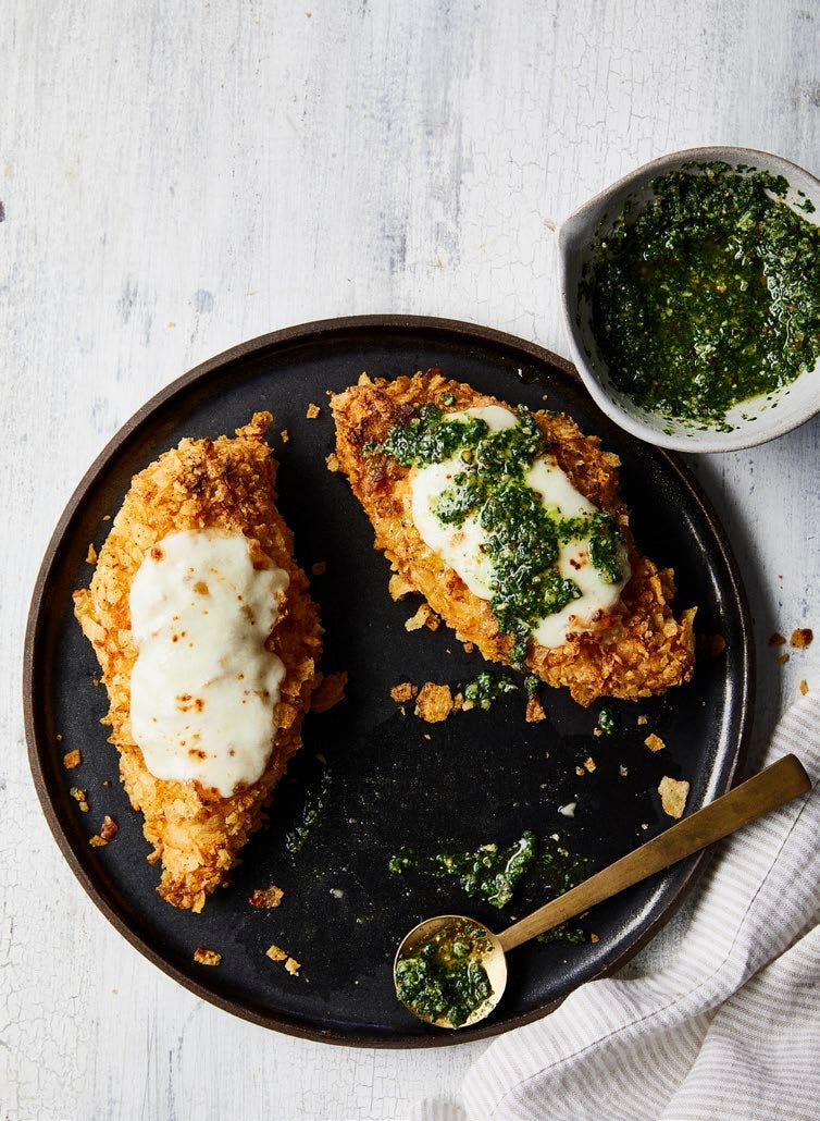 Potato-Chip Crusted Chicken with Arugula Pesto