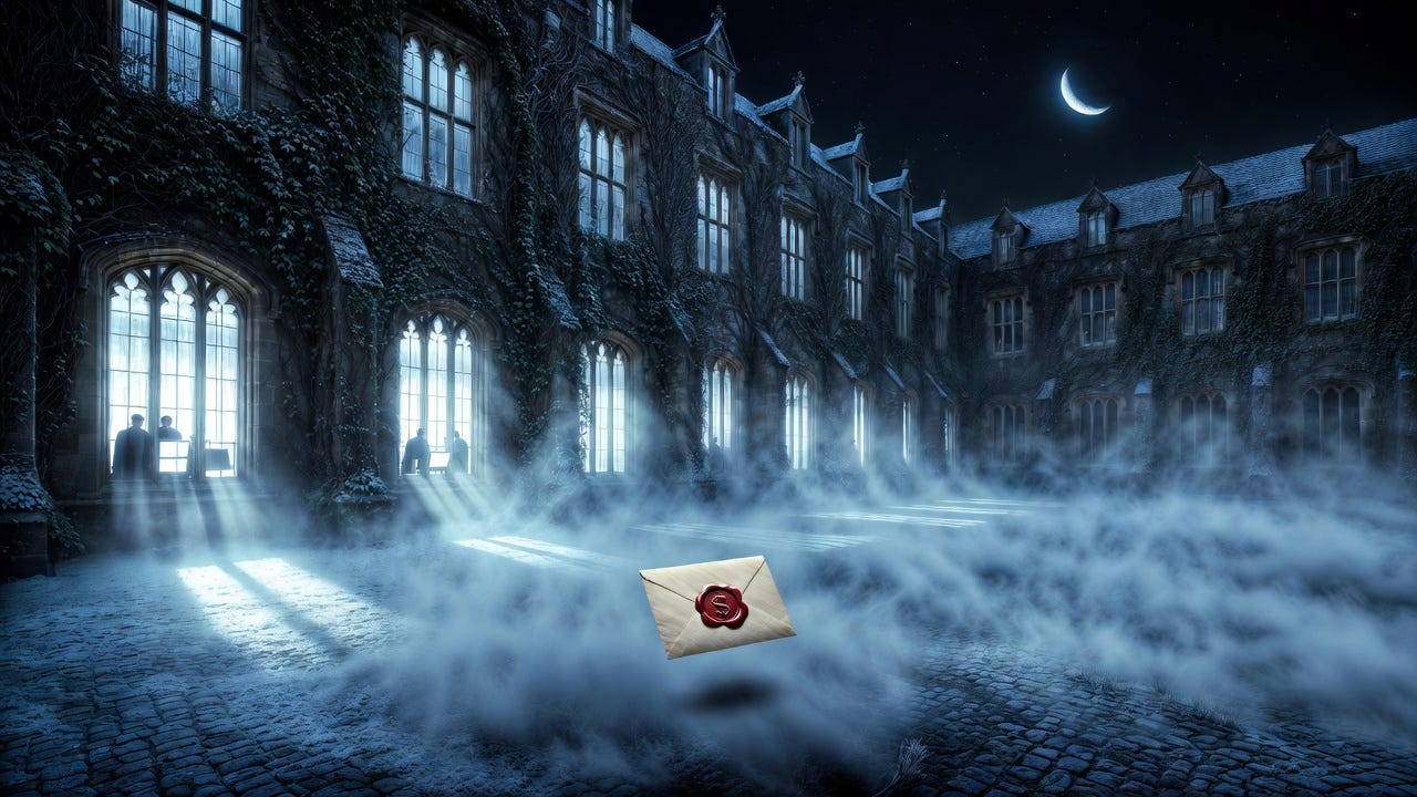 A misty gothic university courtyard at night with silhouettes of researchers visible through illuminated windows, and a wax-sealed envelope bearing an "S" floating in the foreground, evoking the secret academic origins of the Bitcoin whitepaper A misty gothic university courtyard at night with silhouettes of researchers visible through illuminated windows, and a wax-sealed envelope bearing an "S" floating in the foreground, evoking the secret academic origins of the Bitcoin whitepaper