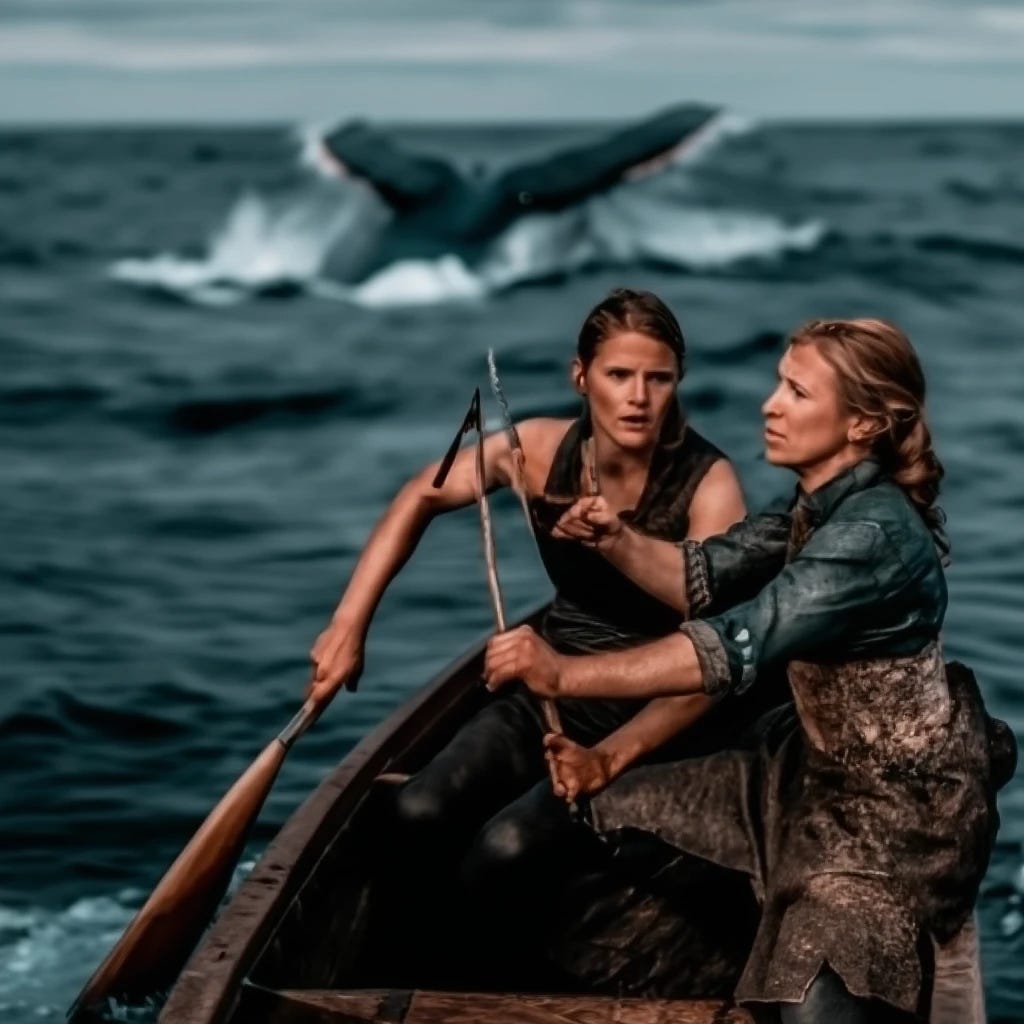 White women hunting whales in canoes