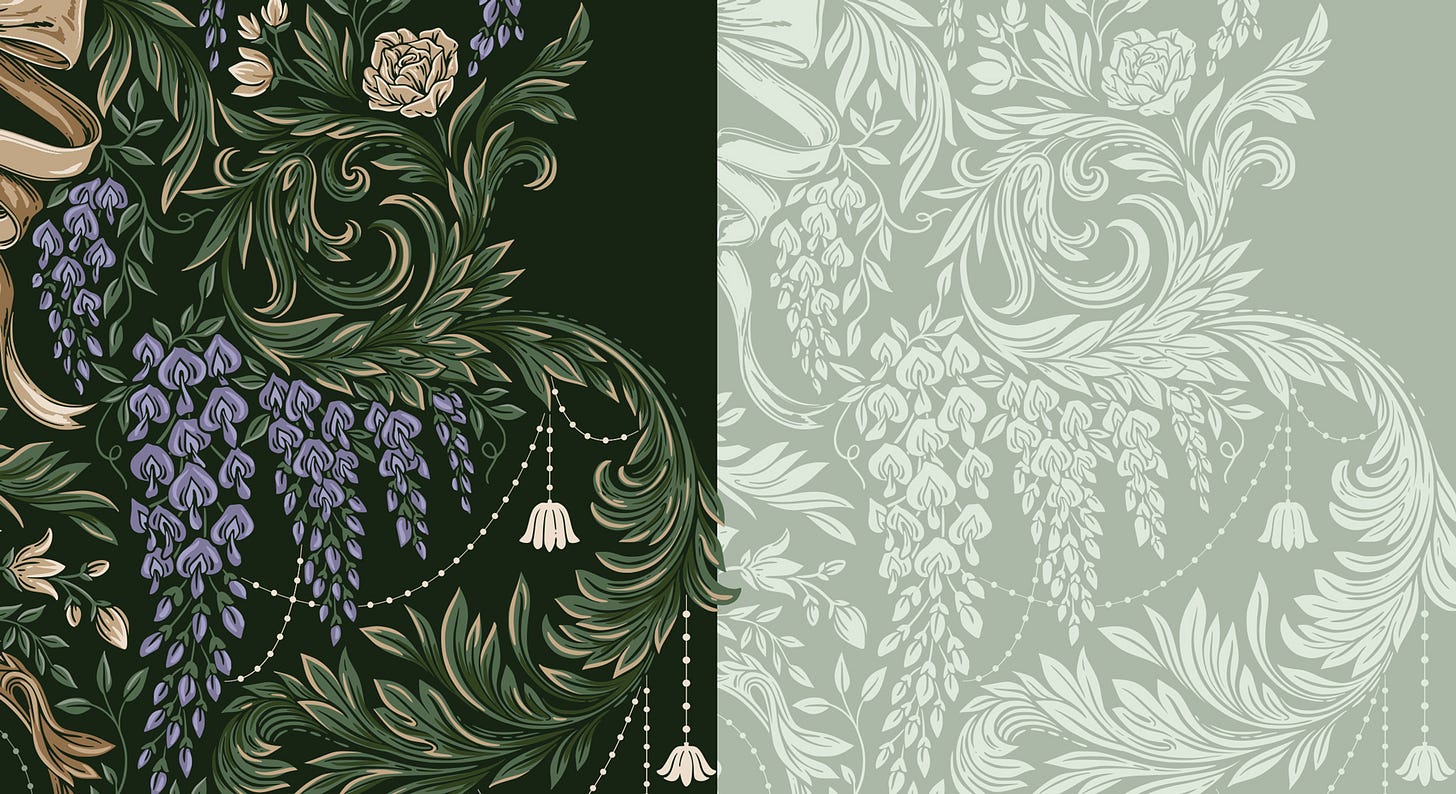 Close up view of a subsection of damask pattern, showing full color vs 1-color details