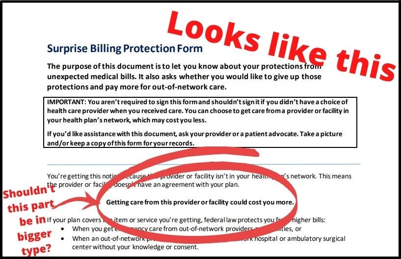 A photo of a surprise billing protection form. Among other text, in bold and circled in red is "getting care from this provider or facility could cost you more." adjacent to that line is the question "shouldn't this part be in bigger type?"