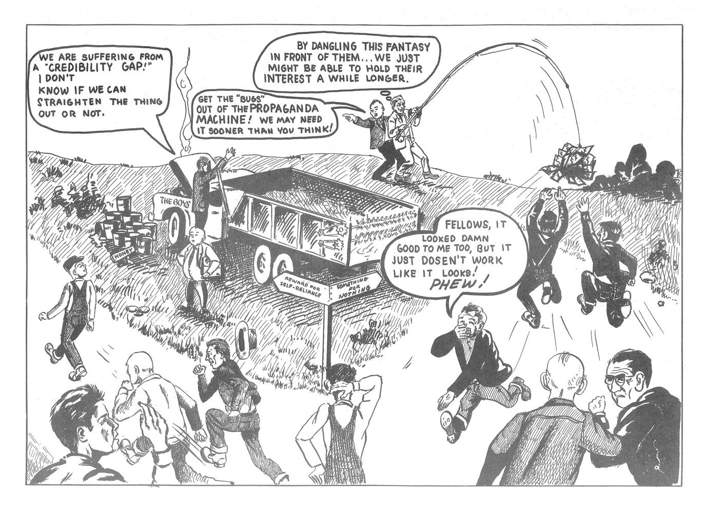 A cartoon of people running away from a bus

Description automatically generated