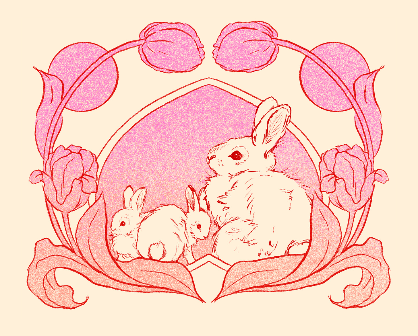 One of Haley's illustrations from the 2026 Coping Calendar. It features three rabbits inside an upside down heart and surrounded by a ring of blooms in soft pinks and peaches.