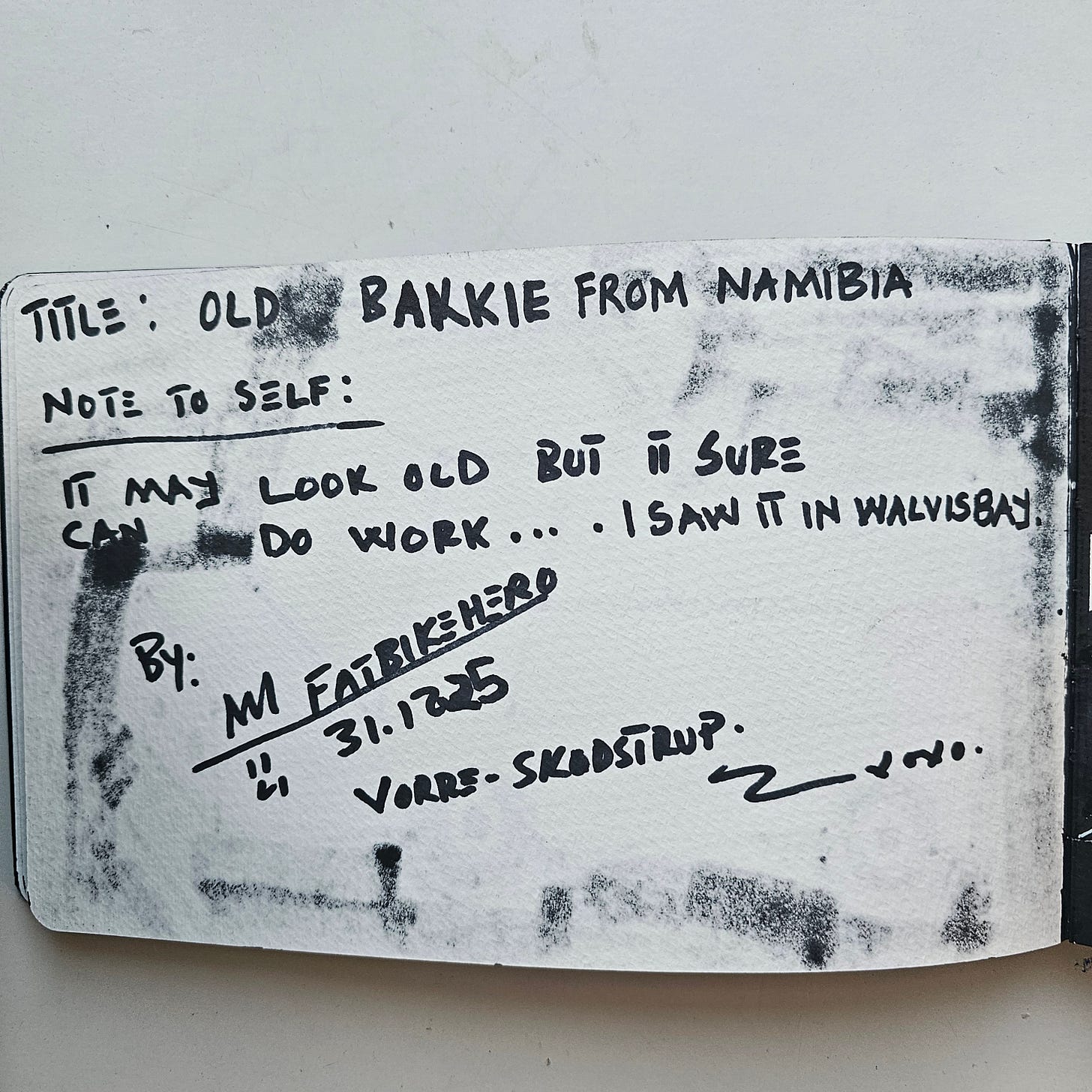 Old Bakkie From Namibia Signed and dated ‘FATBIKEHERO 31.12.25’ (lower right); inscribed with title and ‘NOTE TO SELF: IT MAY LOOK OLD BUT IT SURE CAN DO WORK... I SAW IT IN WALVISBAY’ (on the reverse/accompanying leaf). Old Bakkie From Namibia Signed and dated ‘FATBIKEHERO 31.12.25’ (lower right); inscribed with title and ‘NOTE TO SELF: IT MAY LOOK OLD BUT IT SURE CAN DO WORK... I SAW IT IN WALVISBAY’ (on the reverse/accompanying leaf).