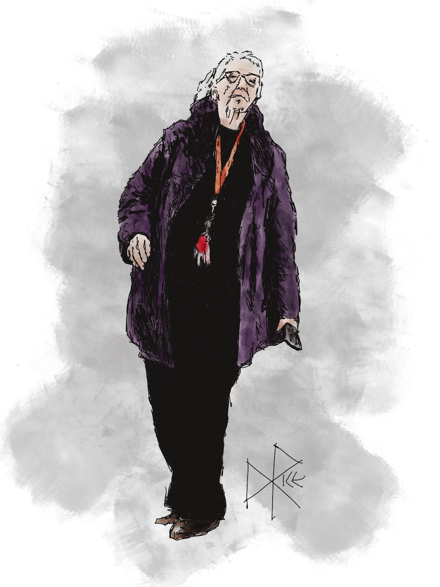 An elder woman walking while wearing a plum purple parka. Her keys are on a lanyard around her neck. Sketch art by Don Rice.