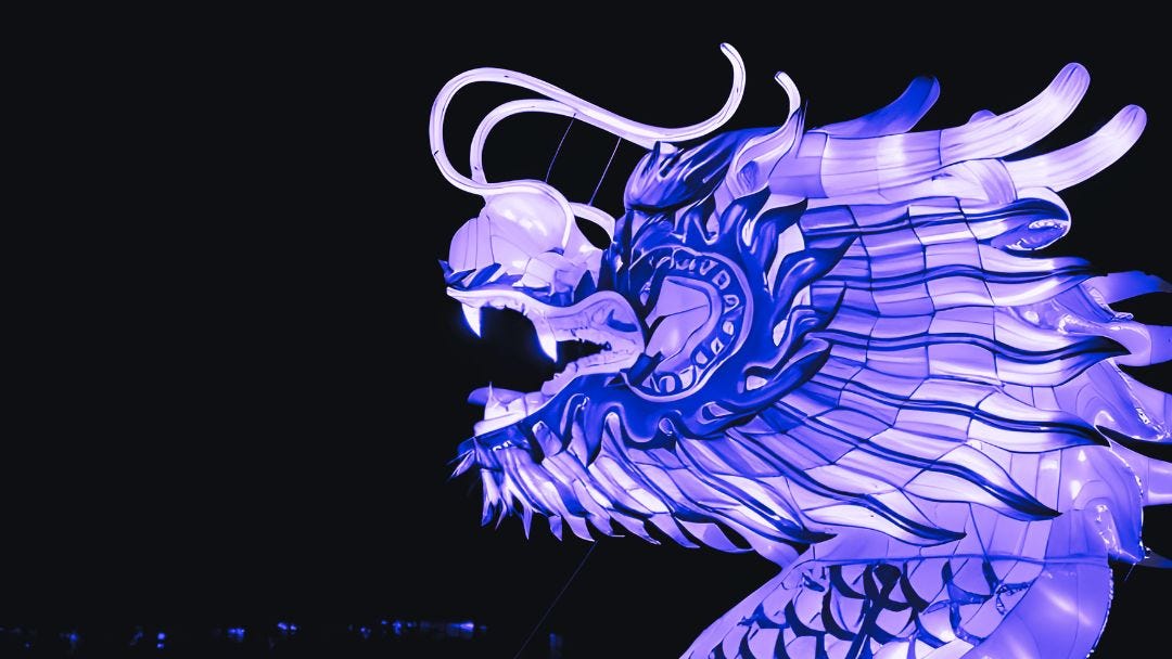 A beautifully patterned blue dragon with intricate designs, resembling a lantern-style artwork. Its glowing details evoke a sense of wisdom, tradition, and disciplined elegance.