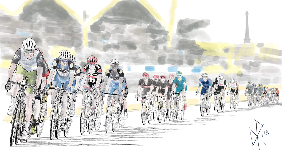 Tour de France peloton of riders in Paris on the final day of the Tour. Sketch art by Don Rice. Tour de France peloton of riders in Paris on the final day of the Tour. Sketch art by Don Rice.