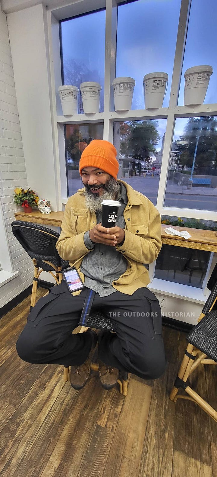 The first photo is Eugene smiling and holding a latte inside the "Oh Crepe" cafe and the second photo is close-up shot of vibrant orange autumn leaves.
