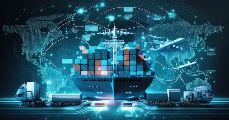 This may contain: an image of cargo trucks and shipping containers in front of a world map with lights