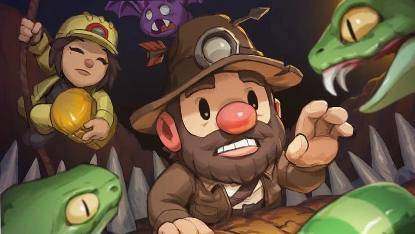 In hand-drawn art from Spelunky 2, the original hero, now old and bearded, reaches toward a snake. In hand-drawn art from Spelunky 2, the original hero, now old and bearded, reaches toward a snake.