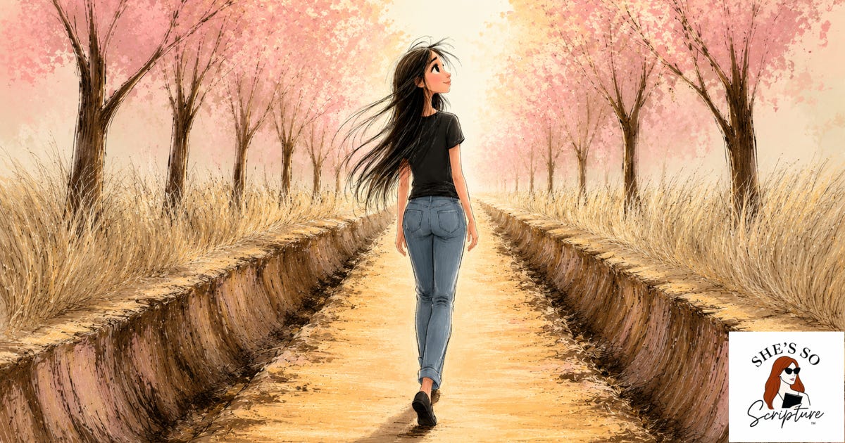 A whimsical ink and watercolor illustration of a woman walking a sunlit path with ease and quiet confidence, surrounded by warm golden light in blush pink and cream tones. A whimsical ink and watercolor illustration of a woman walking a sunlit path with ease and quiet confidence, surrounded by warm golden light in blush pink and cream tones.