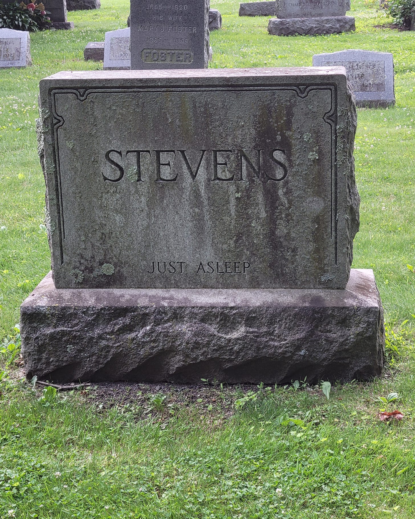 Headstone from Woodland Cemetery in Stamford, CT. The inscription reads "Just Asleep."