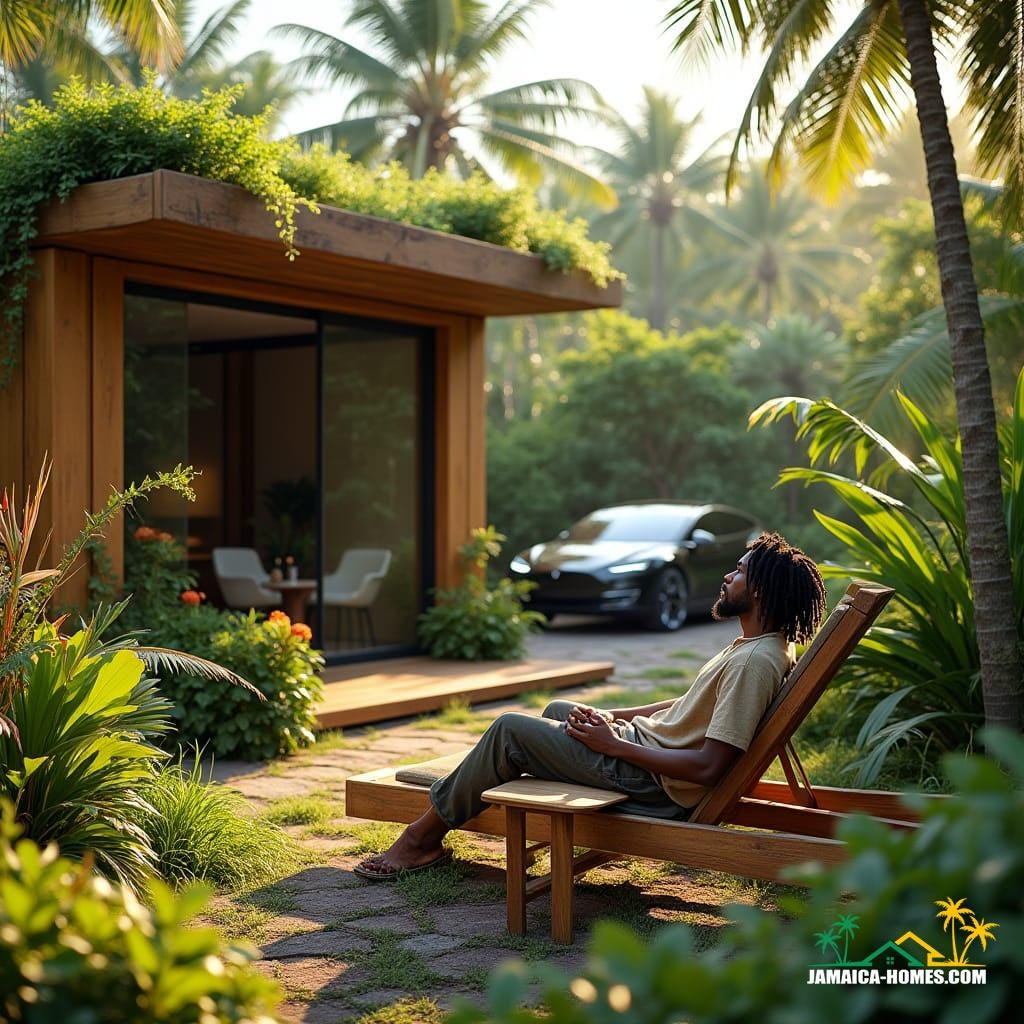 A serene, modern, single-story container home in Kingston, Jamaica, with a lush, vibrant tropical garden teeming with exotic flowers and greenery, including palm trees, hibiscus, and bird of paradise, surrounding the property. Eco-friendly features such as a lush green roof, solar panels, and a rainwater harvesting system blend seamlessly into the natural environment. A sleek, modern electric car, a Tesla Model S, parked nearby, adds a touch of sophistication. A mixed-race man with dreadlocks, dressed in a comfortable, earth-toned linen shirt and pants, sits in a stylish, reclaimed wood lounge chair, surrounded by lush foliage, basking in the warm, golden sunlight, exuding a sense of tranquility and connection to nature. Bright, warm sunlight casts a gentle glow, illuminating the vibrant colors of the garden, evoking the laid-back, Caribbean charm of the island. In the style of renowned digital artists, Ash Thorp and Simon Stalenhag, with a cinematic, film still quality, reminiscent of a 35mm film shot on a v-raptor XL camera, with subtle film grain, vignette, and color grading, post-processed to perfection, evoking a sense of atmosphere and drama, with cinematic lighting that highlights the textures and colors of the scene, creating a stunning, epic, and dramatic visual masterpiece.