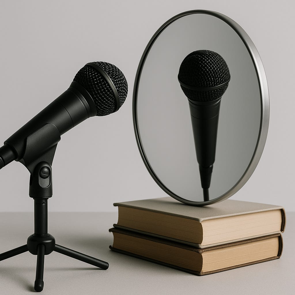 Microfone voltado para um espelho, simbolizando o advogado que fala para si mesmo em vez de para sua audiência — uma metáfora para a importância de clareza, concisão e contexto na comunicação jurídica.