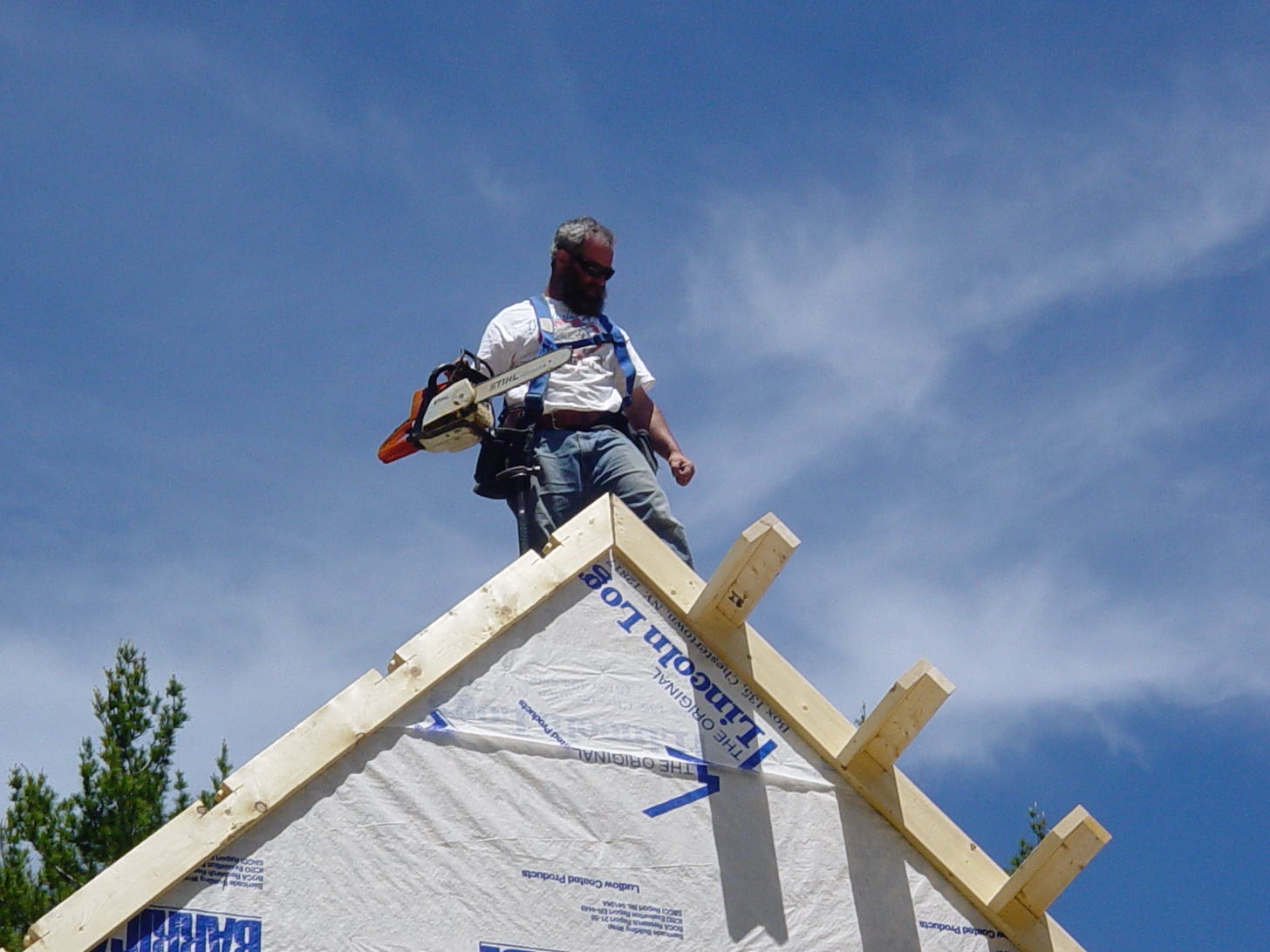 A person carrying a chainsaw on top of a roof

Description automatically generated