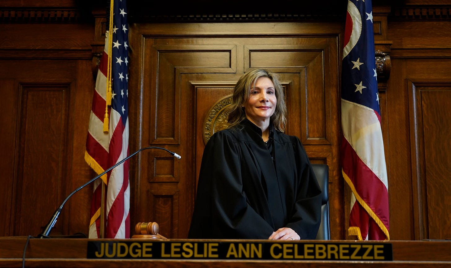 Judge Leslie Ann Celebrezze, a White woman wearing a judge’s robe, stands between two American flags. A plaque on the desk in front of her reads: “Judge Leslie Ann Celebrezze.” Judge Leslie Ann Celebrezze, a White woman wearing a judge’s robe, stands between two American flags. A plaque on the desk in front of her reads: “Judge Leslie Ann Celebrezze.”