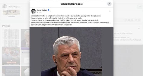 Vite më parë, në studio televizive, Vehbi Kajtazi deklaron publikisht se pjesëtarë të UÇK-së kanë kryer krime lufte dhe se gjykata nuk ka kuptim pa akuzimin e Hashim Thaçit, pa aktgjykim dhe pa vendim gjyqësor. Sot, në ditën kur Prokuroria e Dhomave të Specializuara kërkon dënime deri në 45 vjet, ai publikon një status të ftohtë numerik, duke krahasuar dëshmitarë, pa asnjë nga akuzat e dikurshme. Pas publikimit nga ana ime të videos që nxjerr në pah këtë kontradiktë, Kajtazi reagon jo me debat, por duke publikuar një listë të vitit 2012, duke e paraqitur rrejshëm si ‘shërbim spiunazhi’, ku përfshin edhe emrin tim, dhe duke nxitur shpërndarjen e saj si përgjigje. Kjo nuk është kronikë drejtësie. Është kronikë reagimi. Dhe faktet flasin vetë
