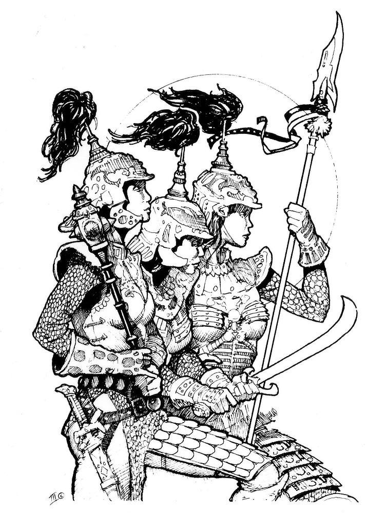 Three armored woman pose in profile against the outline of the moon. One holds a spear upright, another grips a short curving blade with both hands, and the third rests a mace on her shoulder. They are all heavily armored in chain mail and helms with tasseled peaks.