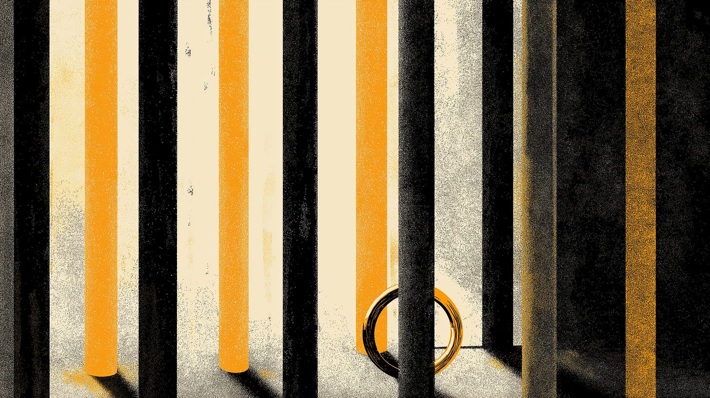 Editorial illustration of nineteen vertical gold bars arranged to form prison cell bars. Through the gaps, a single championship ring sits on a pedestal just out of reach. Charcoal and ivory palette with an orange glow on the ring.