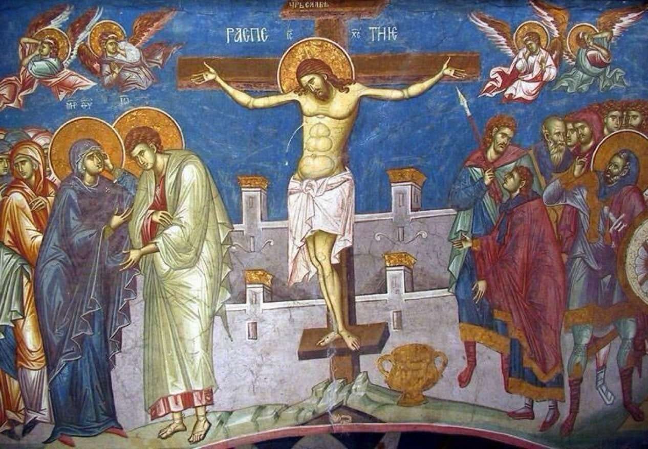 Affresco del monastero di Dečani, in Kosovo, raffigurante la crocefissione di Cristo. Per gentile concessione del monastero. 