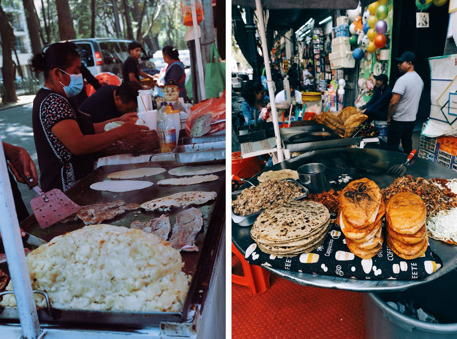 A woman prepares quesadillas on a large flat griddle at a sidewalk stall in Mexico City alongside a comal at a market stall stacked with tortillas, gorditas, and fillings.