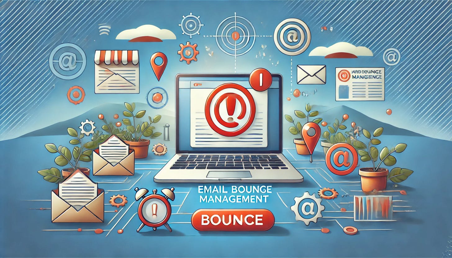 A landscape image depicting email hard bounce management in a marketing context. The image should show an email with a 'bounce' symbol (like a red exclamation mark) next to it, indicating an undelivered message. In the background, include icons or representations of marketing tools like email, SMS, and push notifications, symbolizing multi-channel communication. The overall feel should convey the concept of handling and resolving email delivery issues in marketing campaigns.