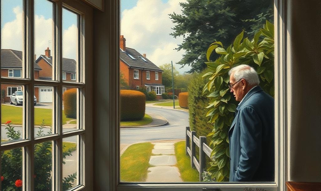 Old man watching neighbourhood from his window