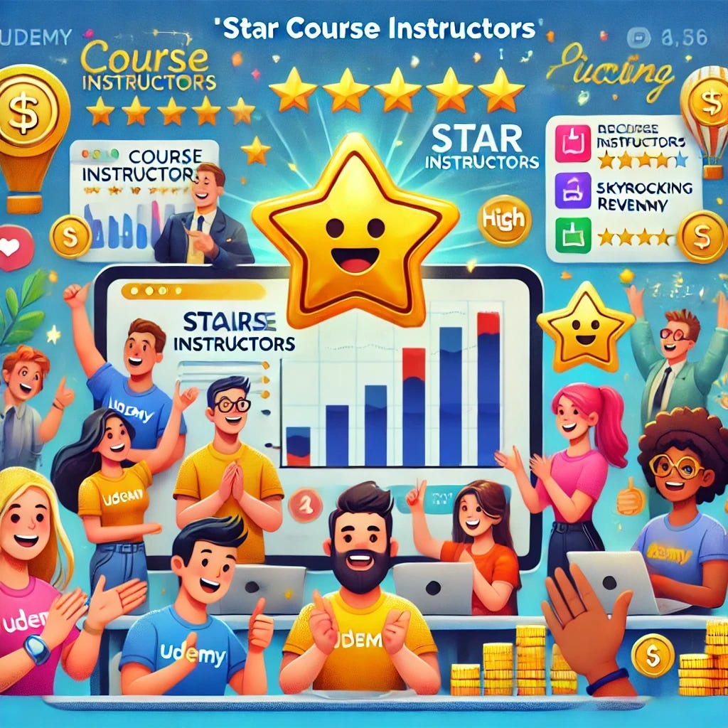 A fun and lively digital illustration representing 'Star Course Instructors on Udemy.' The image should depict a vibrant online learning platform with animated, energetic instructors teaching to enthusiastic students. Some instructors stand out as 'star instructors,' glowing with gold badges, skyrocketing revenue charts, and massive student followings. The background features playful course thumbnails, high ratings, and interactive elements like clapping hands, thumbs-up icons, and confetti to emphasize success. The revenue charts in the image should display bars increasing exponentially, illustrating the extreme success of top instructors. The color palette should be bright, cheerful, and engaging, creating a sense of excitement and achievement in online education.
