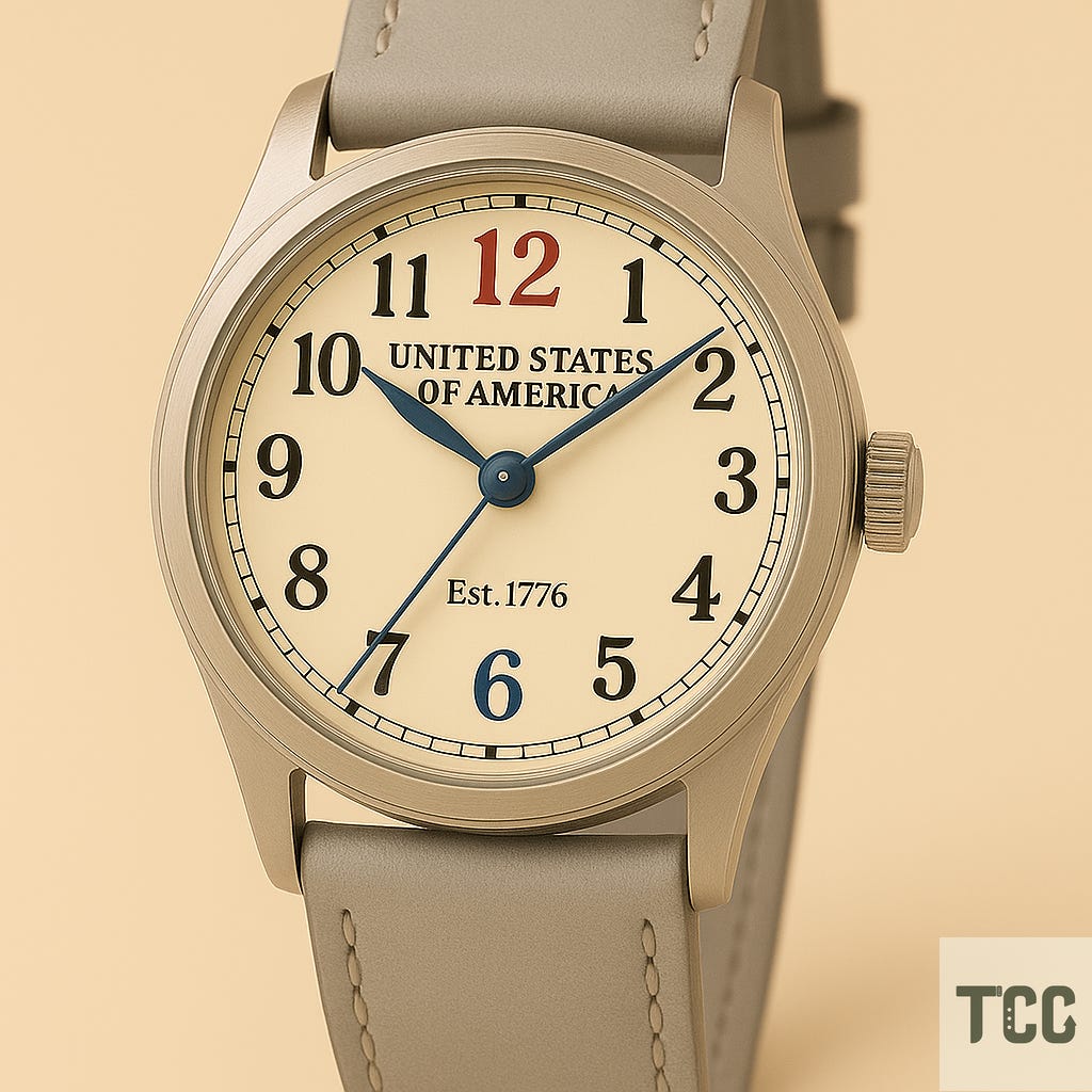 A wristwatch with a cream dial that reads “UNITED STATES OF AMERICA” under the red numeral 12 and “Est. 1776” above the blue numeral 6. The watch features large black Arabic numerals, blue hands, and a gray leather strap.