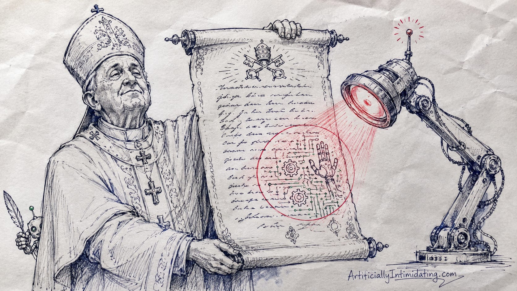 AI-generated editorial cartoon in a hand-drawn sketch style showing a pope-like figure proudly holding up an ornate papal scroll while a robotic scanner shines a red detection beam onto it, revealing circuits, gears, and a robotic handprint hidden beneath the writing. A tiny robot with a quill peeks from behind the figure, suggesting the Vatican’s AI ethics document may itself have been shaped by AI.