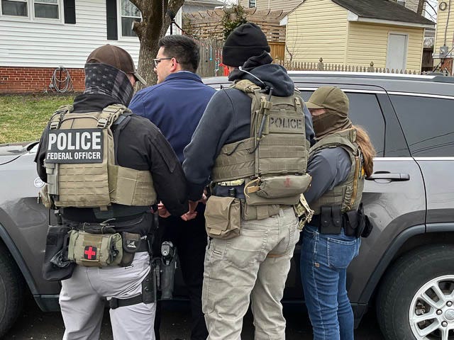 Left: guys in flak vests and an American flag gaitor. One of them is carrying an AR 15. Right: guys in flak vests making an arrest, one with an American Flag neck gaitor