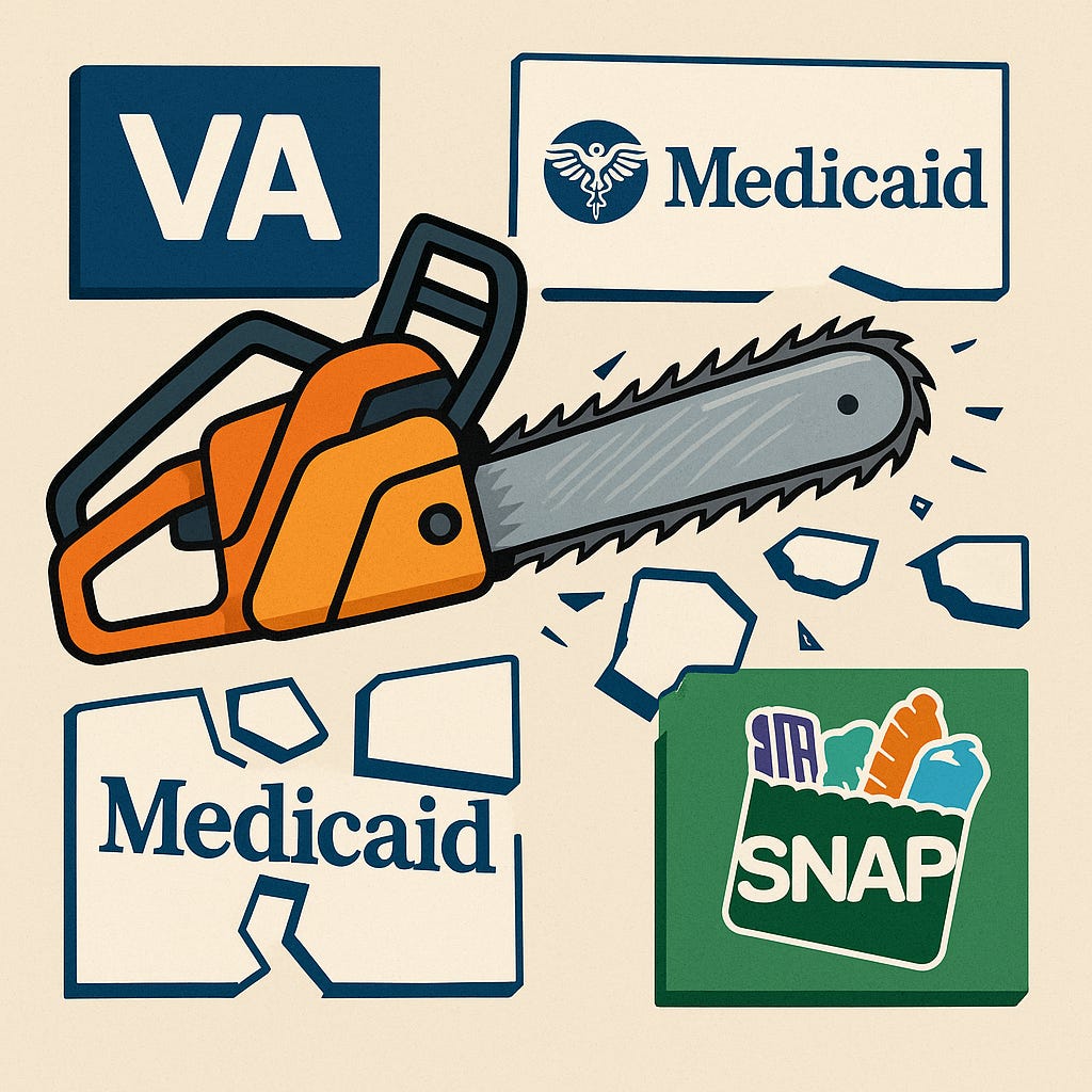 Illustration of an orange cartoon chainsaw actively cutting through four boxes representing U.S. social programs—VA, Medicare, Medicaid, and SNAP. The chainsaw’s spinning blade is shown with motion lines and flying debris. Each program’s logo appears inside its box, with the boxes visibly cracked or partially cut but still retaining their rectangular shapes. The Medicaid box is the most damaged, shown in broken pieces. The background is neutral, keeping focus on the chaotic scene of cuts to public programs.