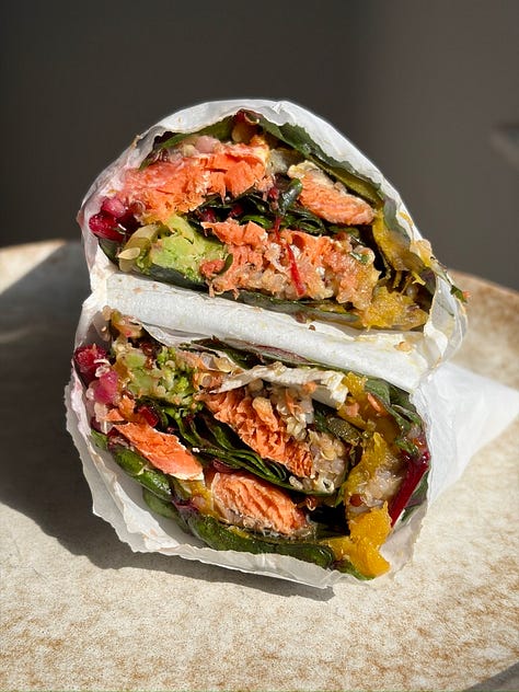 overnight oats, sun-dried tomato salmon power bowl, cabbage stir fry, red rice nourish bowl, salmon wrap, green smoothie, autumn harvest salad, lentil tacos, brownie bite energy balls