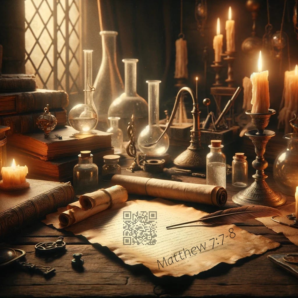 An AI generated image of an old alchemical labratory. There is a parchment with a QR code and a reference to Matthew, Chapter 7, verses 7 and 8.