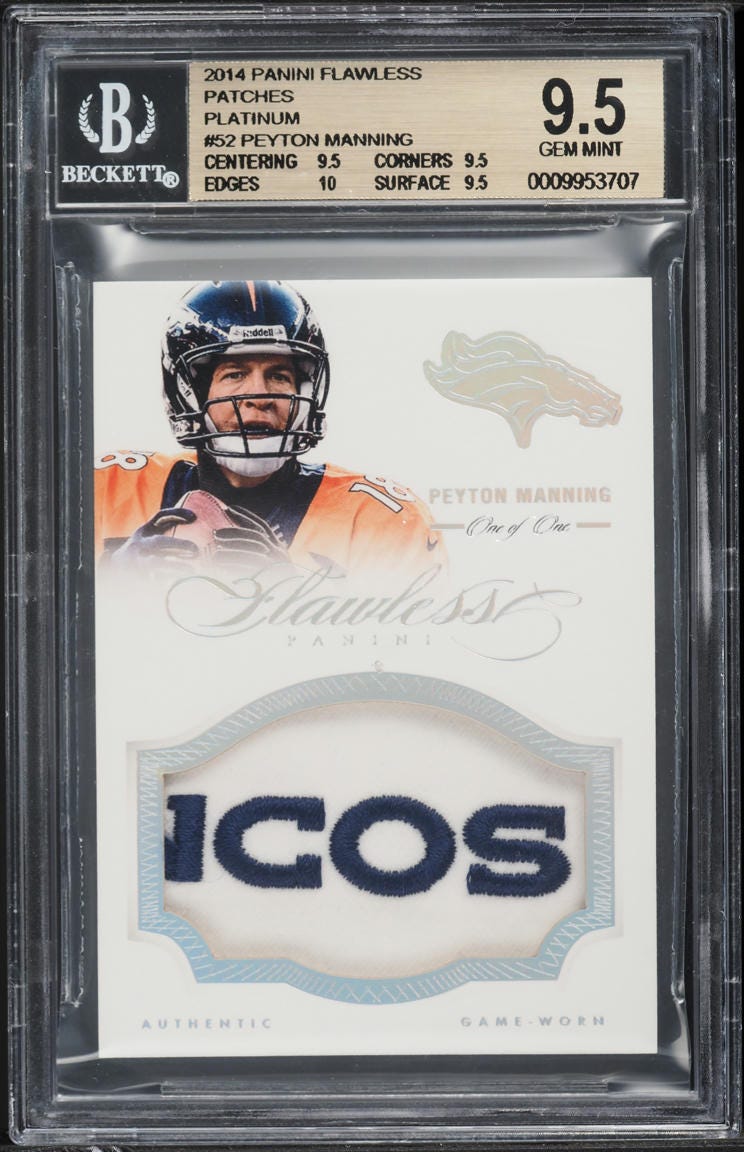 2014 Panini Flawless Platinum Peyton Manning PATCH 1/1 #52 BGS 9.5 GEM MINT