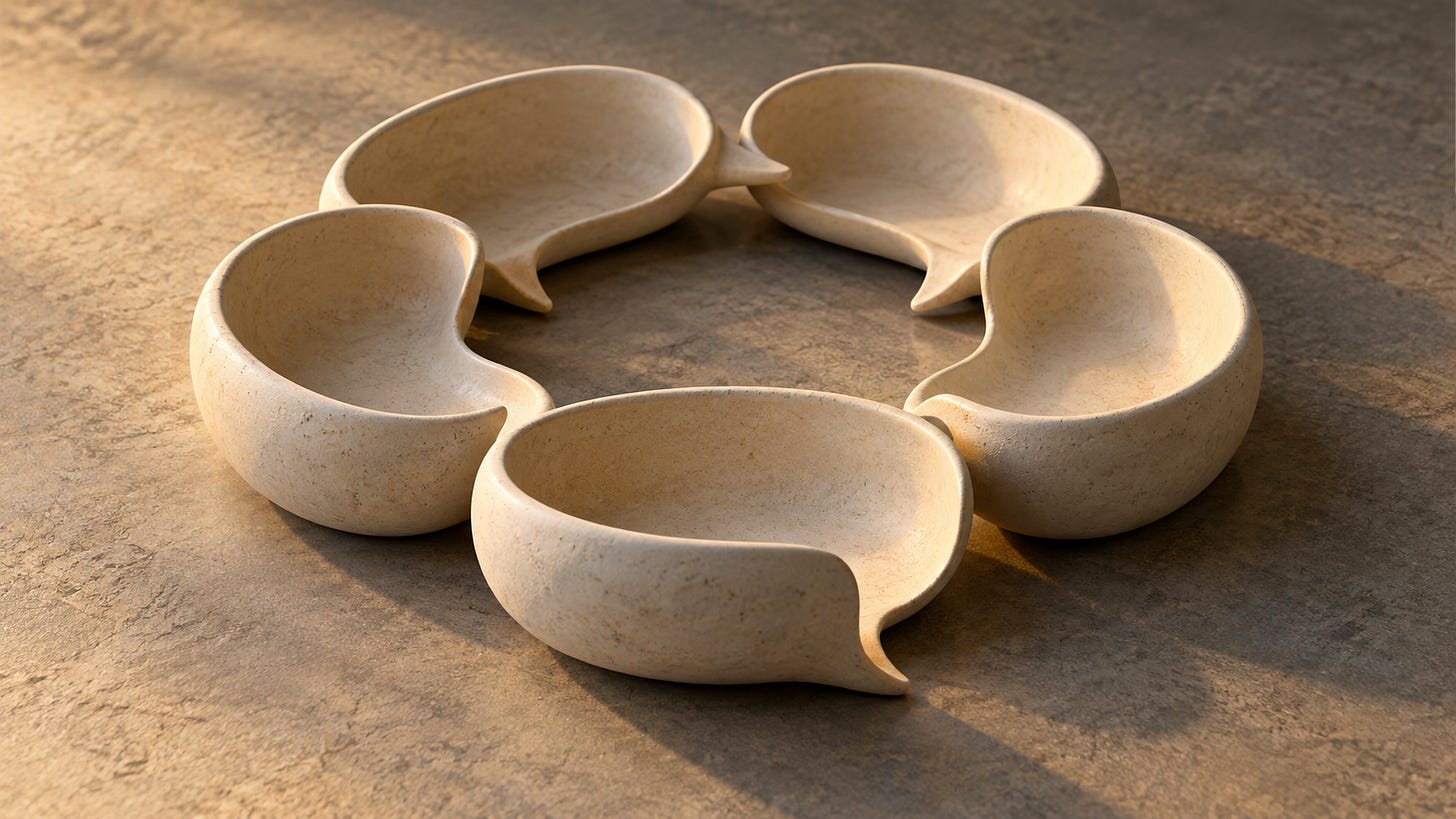 Five pale ceramic speech-bubble shapes form a ring on a textured surface in warm light.